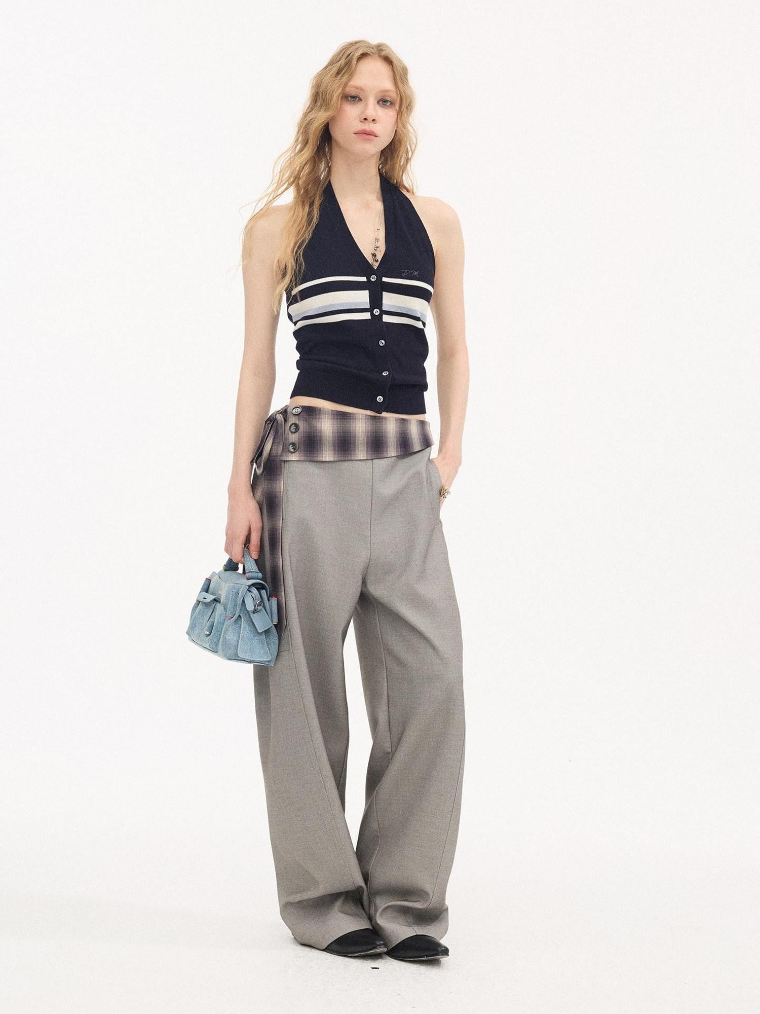 DIDDI MODA Navy Striped Halter V-neck Single Button Slim Fit Knit Webbing Women&