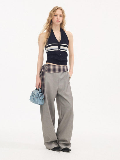 DIDDI MODA Navy Striped Halter V-neck Single Button Slim Fit Knit Webbing Women&
