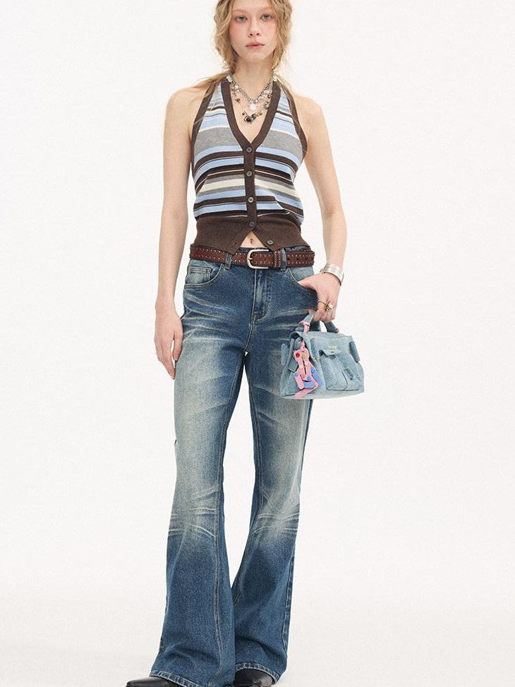 DIDDI MODA Navy Striped Halter V-neck Single Button Slim Fit Knit Webbing Women&