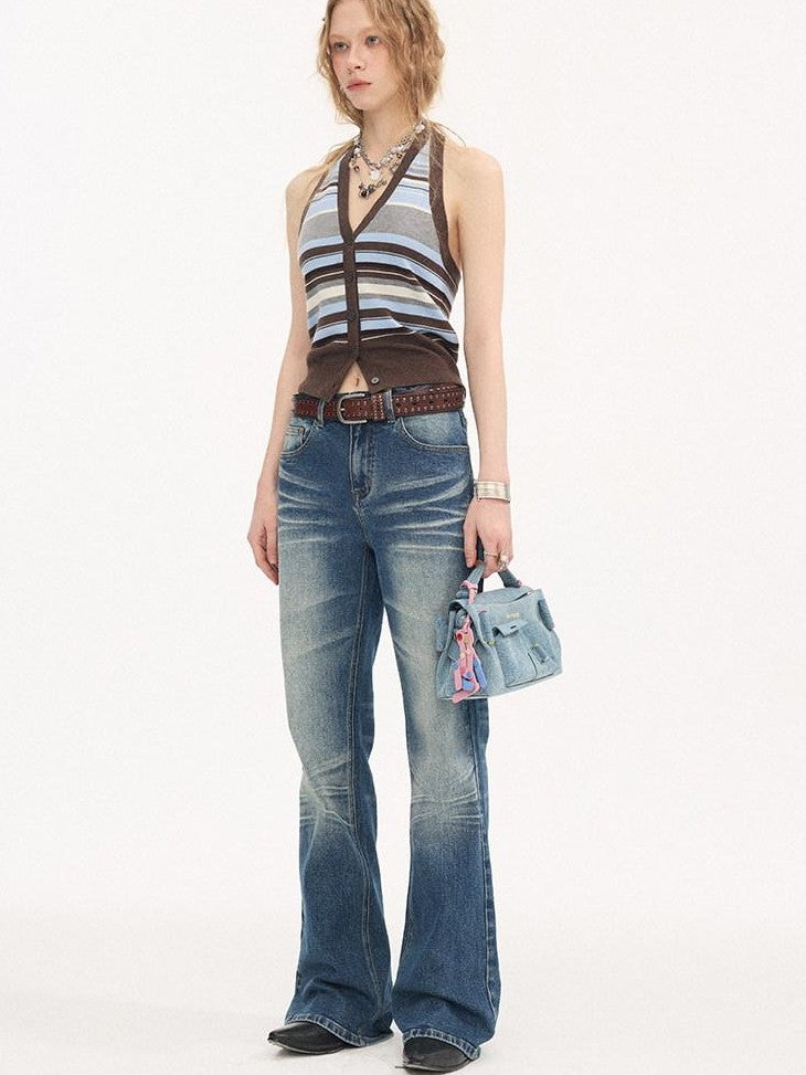 DIDDI MODA Navy Striped Halter V-neck Single Button Slim Fit Knit Webbing Women&