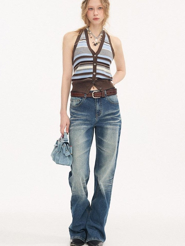 DIDDI MODA Navy Striped Halter V-neck Single Button Slim Fit Knit Webbing Women&