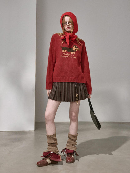 DIDDI MODA Oatmeal Dachshund Knit Round Neck Women&