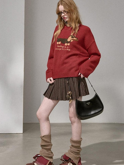 DIDDI MODA Oatmeal Dachshund Knit Round Neck Women&