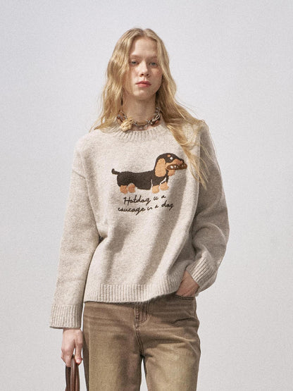 DIDDI MODA Oatmeal Dachshund Knit Round Neck Women&