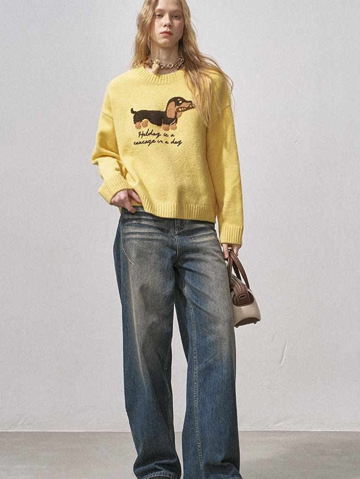 DIDDI MODA Oatmeal Dachshund Knit Round Neck Women&