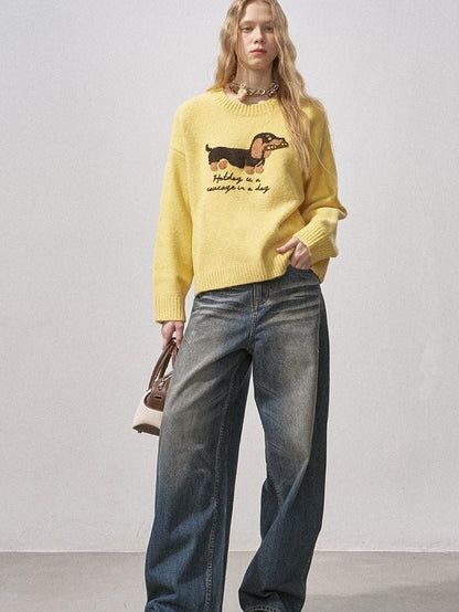 DIDDI MODA Oatmeal Dachshund Knit Round Neck Women&
