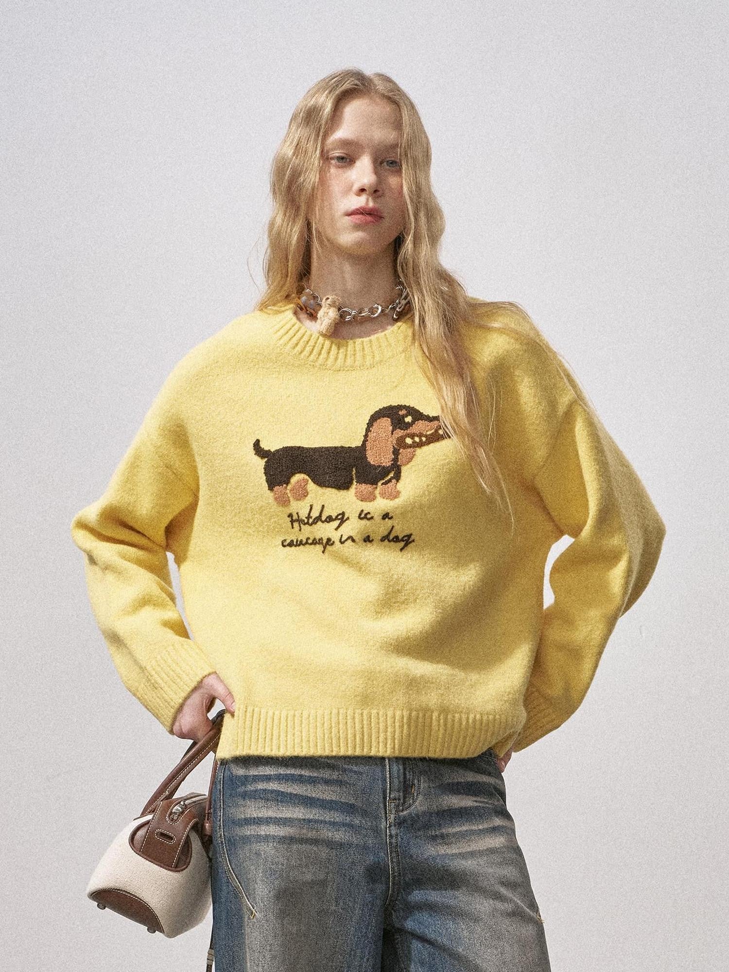 DIDDI MODA Oatmeal Dachshund Knit Round Neck Women&