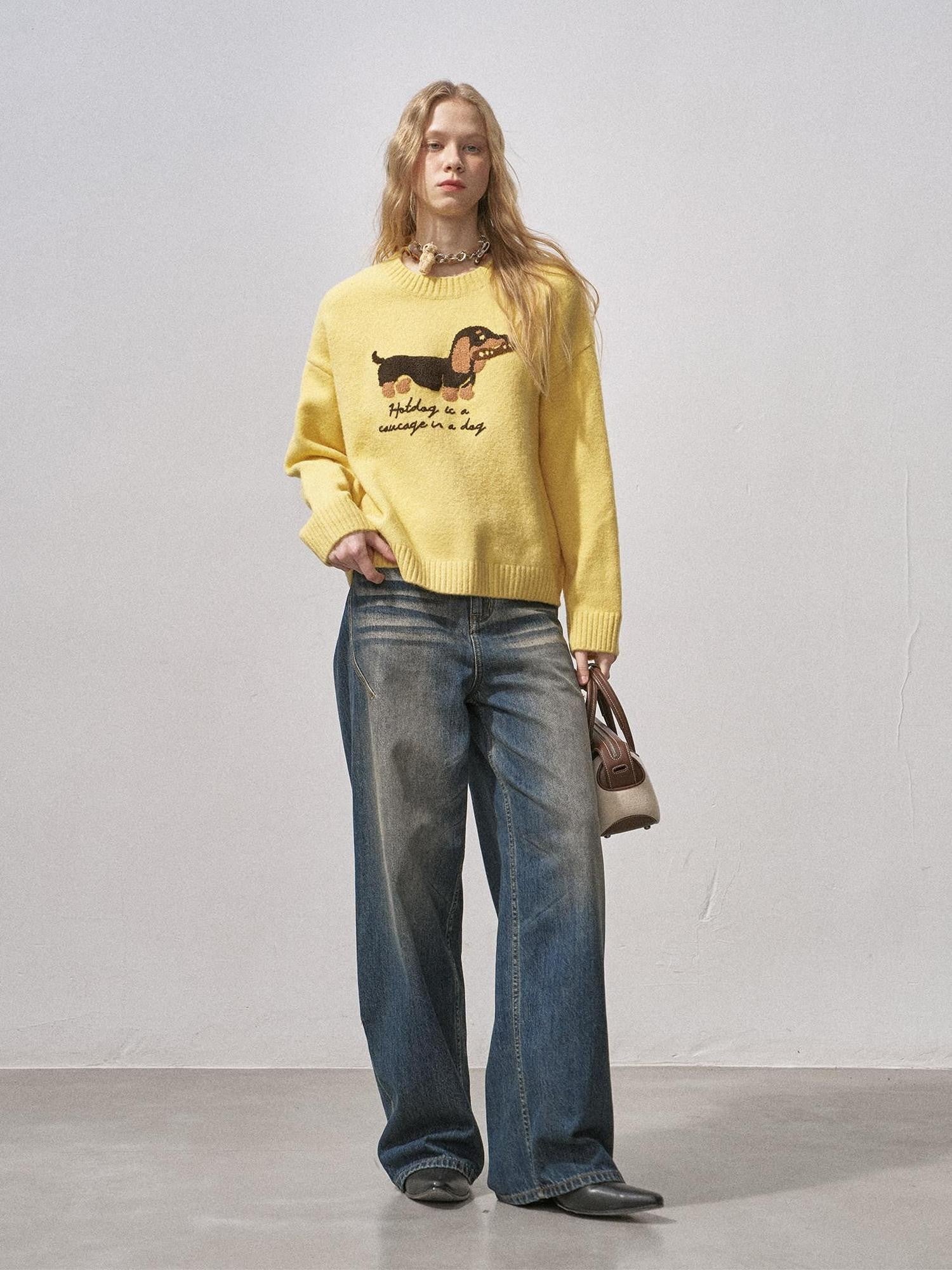 DIDDI MODA Oatmeal Dachshund Knit Round Neck Women&