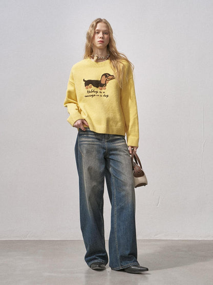 DIDDI MODA Oatmeal Dachshund Knit Round Neck Women&