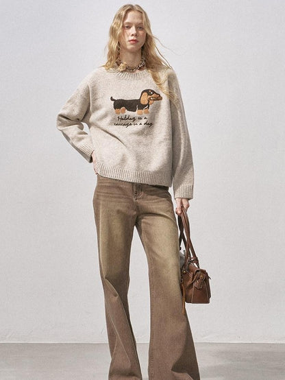 DIDDI MODA Oatmeal Dachshund Knit Round Neck Women&