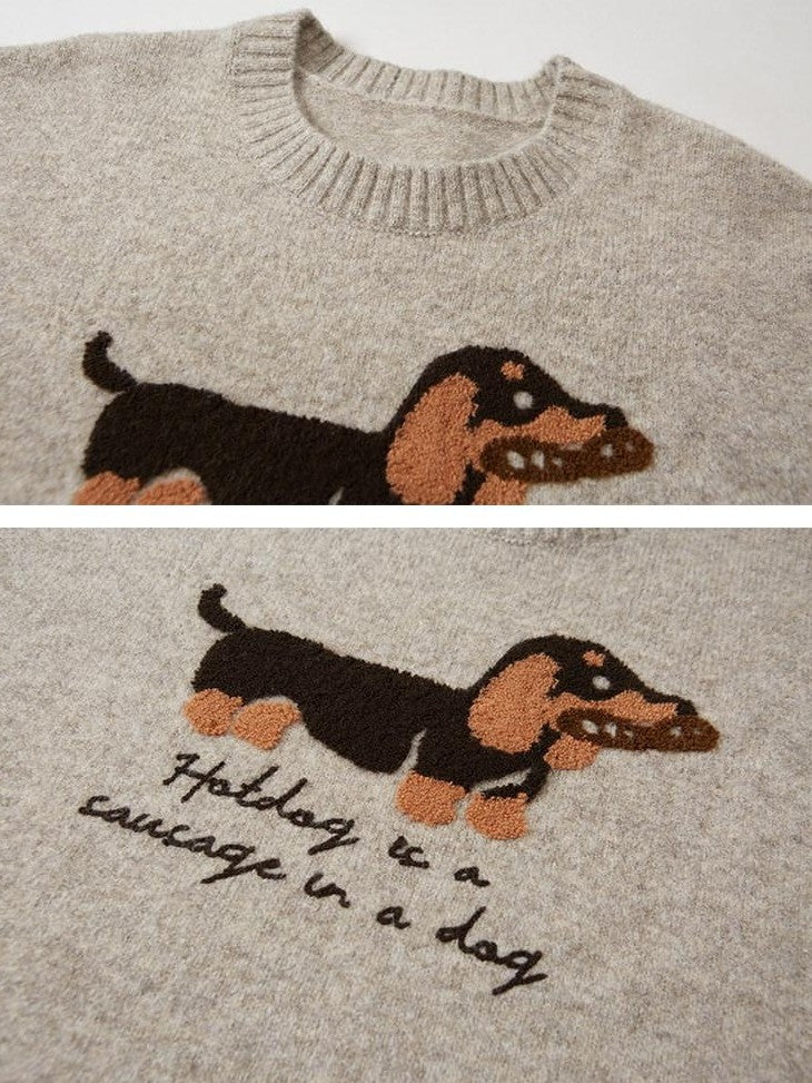 DIDDI MODA Oatmeal Dachshund Knit Round Neck Women&