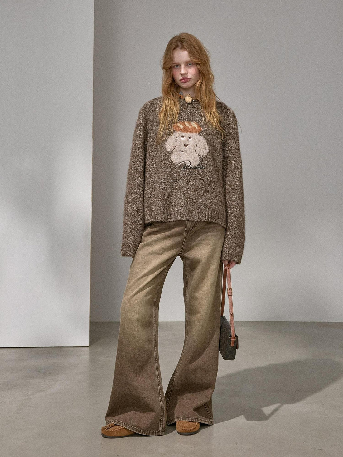 DIDDI MODA Oatmeal Puppy Motif Roundneck Oversized Women&