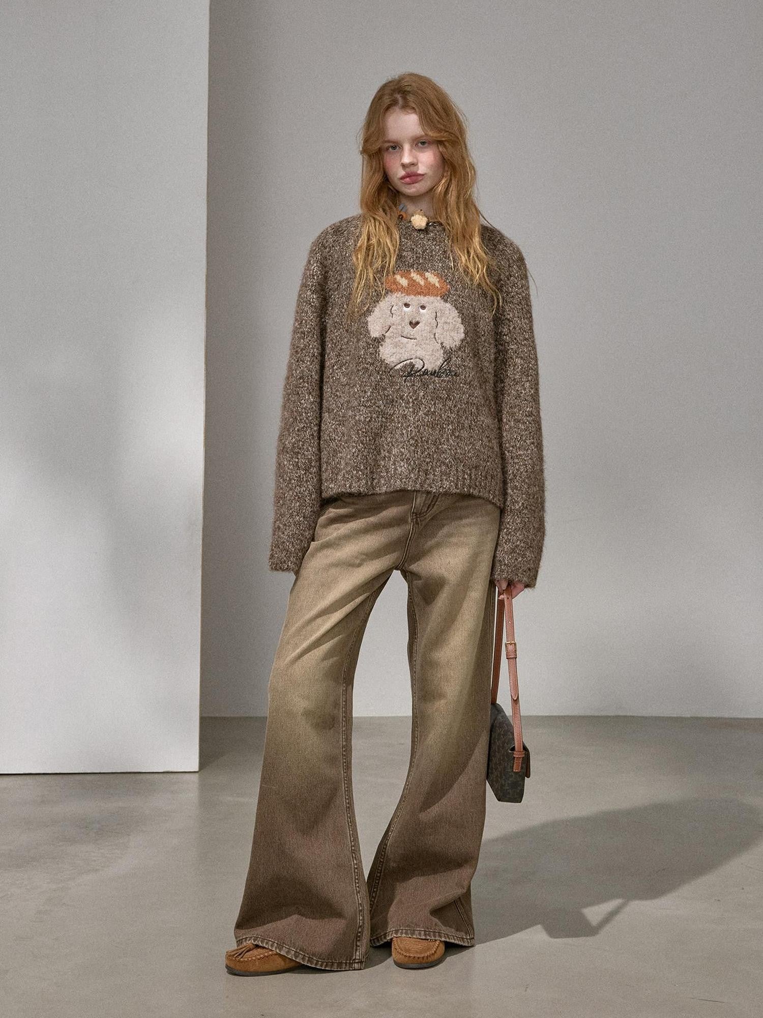 DIDDI MODA Oatmeal Puppy Motif Roundneck Oversized Women&