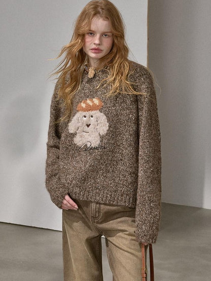 DIDDI MODA Oatmeal Puppy Motif Roundneck Oversized Women&