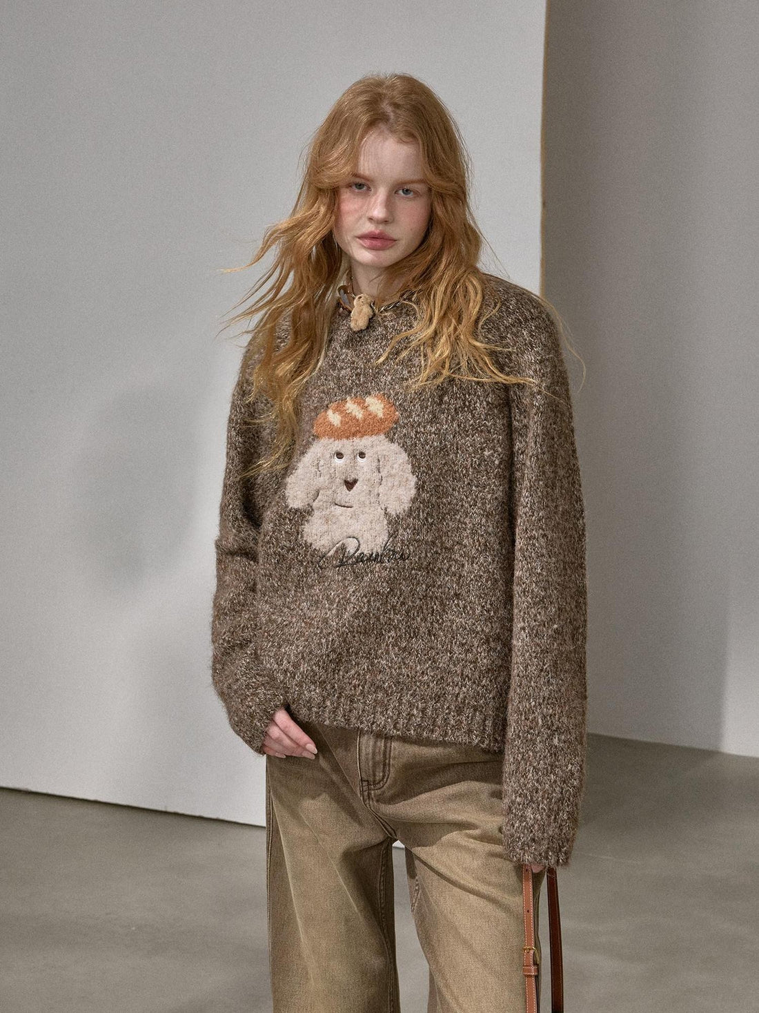 DIDDI MODA Oatmeal Puppy Motif Roundneck Oversized Women&