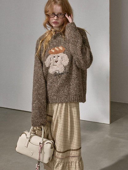 DIDDI MODA Oatmeal Puppy Motif Roundneck Oversized Women&