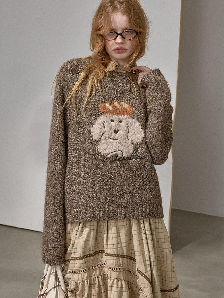 DIDDI MODA Oatmeal Puppy Motif Roundneck Oversized Women&