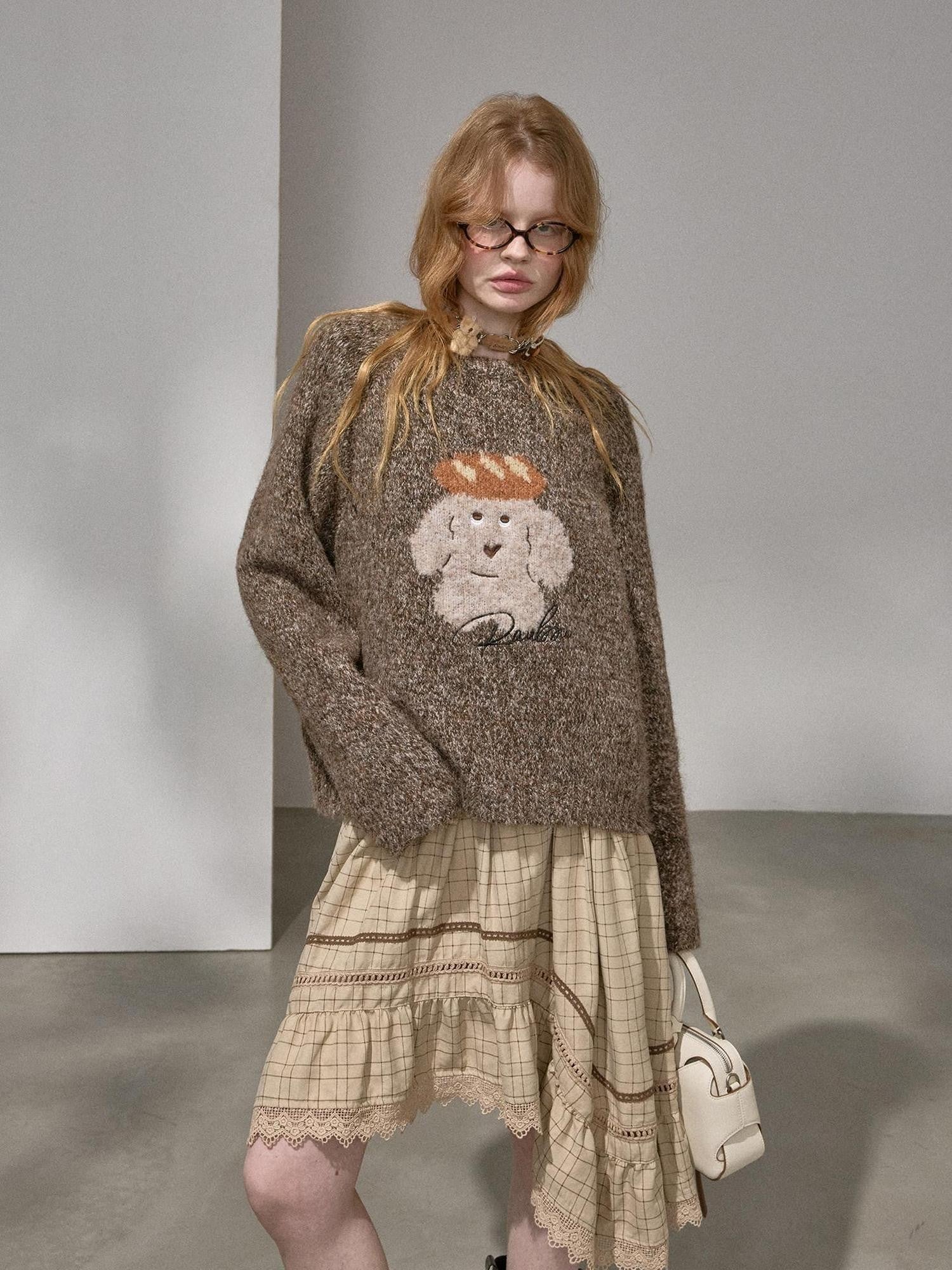 DIDDI MODA Oatmeal Puppy Motif Roundneck Oversized Women&