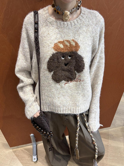 DIDDI MODA Oatmeal Puppy Motif Roundneck Oversized Women&
