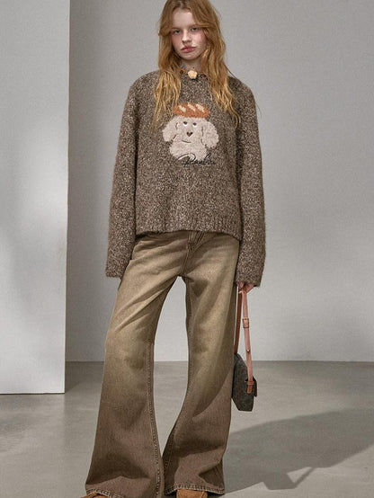 DIDDI MODA Oatmeal Puppy Motif Roundneck Oversized Women&