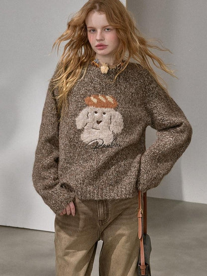 DIDDI MODA Oatmeal Puppy Motif Roundneck Oversized Women&