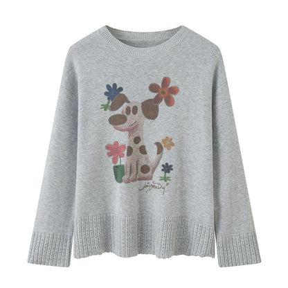 DIDDI_MODA_Oatmeal_V-neck_Puppy_Motif_Loose_Fit_Princess_Women&