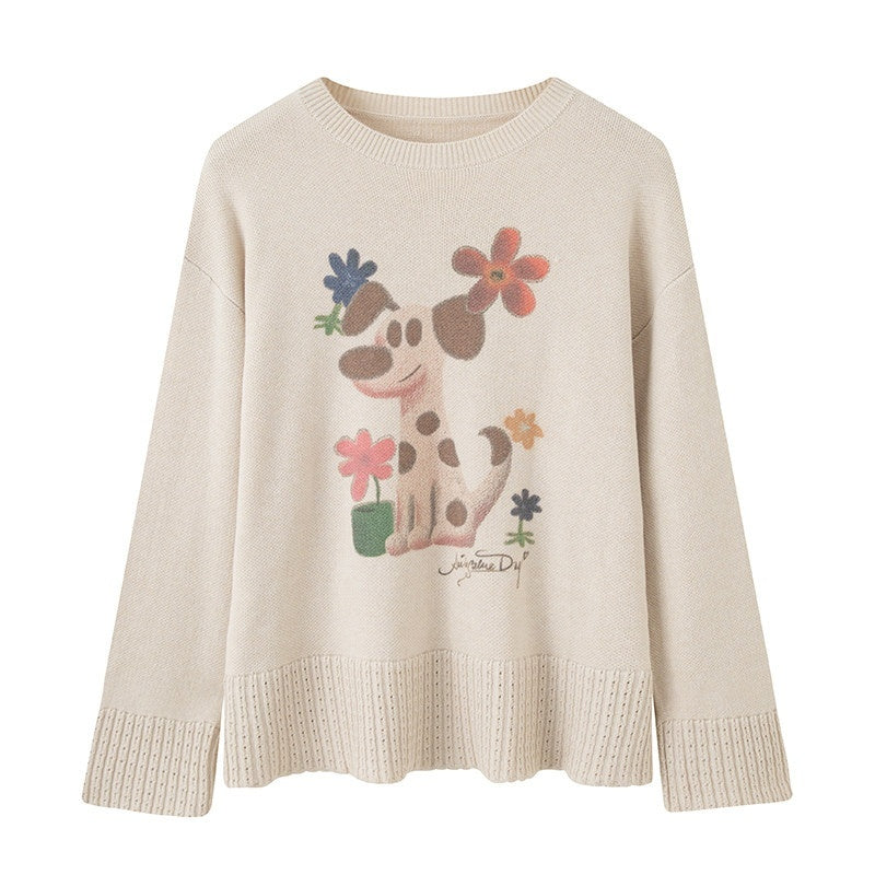 DIDDI_MODA_Oatmeal_V-neck_Puppy_Motif_Loose_Fit_Princess_Women&