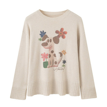 DIDDI_MODA_Oatmeal_V-neck_Puppy_Motif_Loose_Fit_Princess_Women&