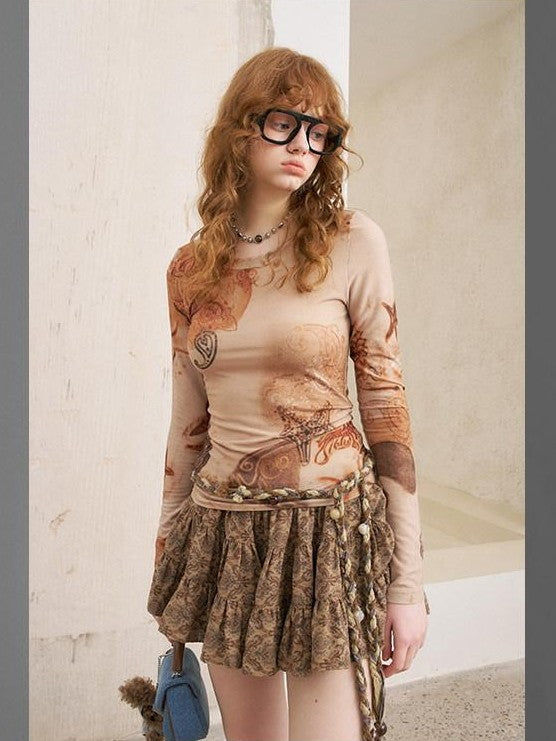 DIDDI MODA Ocean Paisley Printed Slim Round Neck Soft Stretch Women&