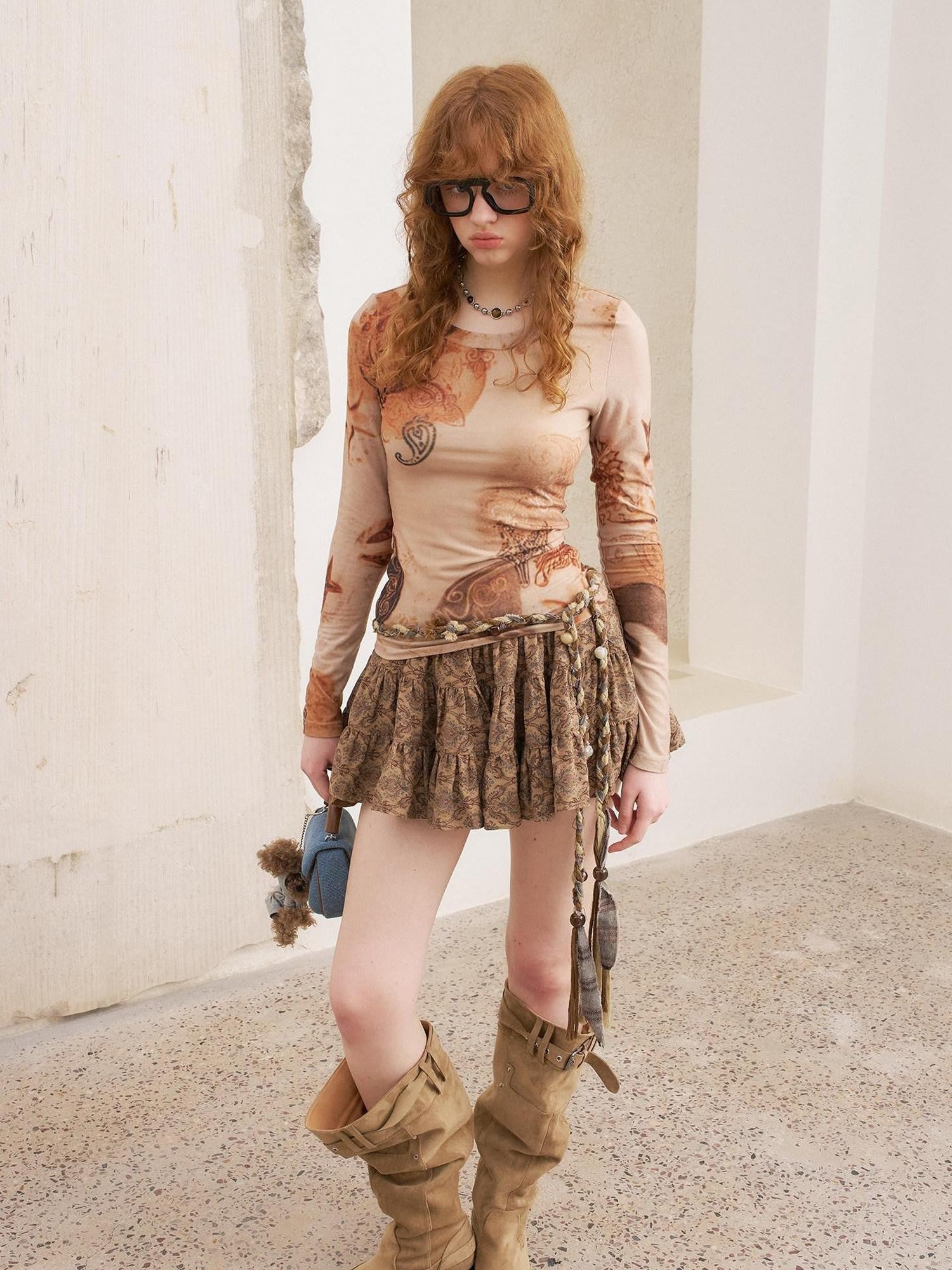 DIDDI MODA Ocean Paisley Printed Slim Round Neck Soft Stretch Women&