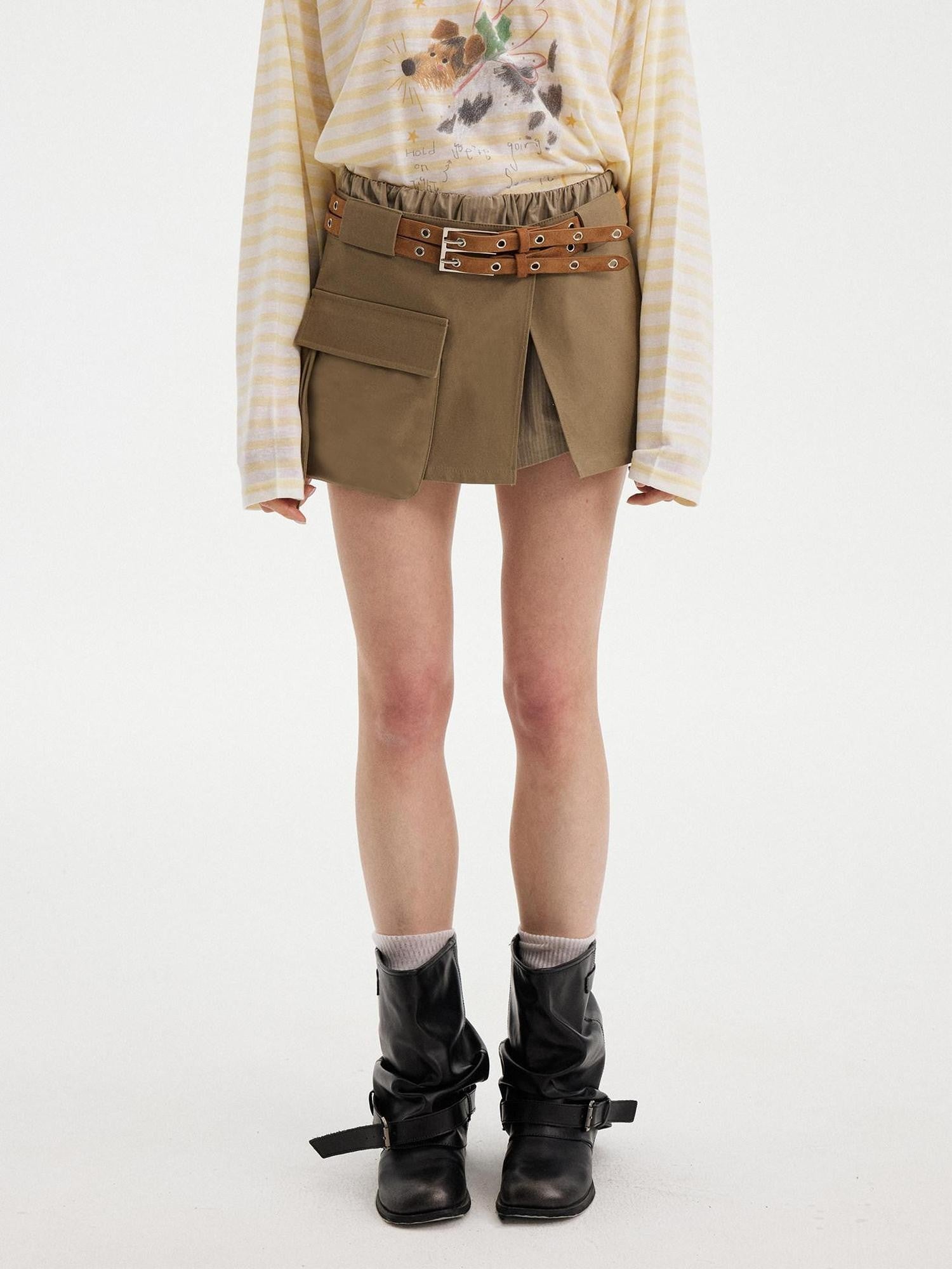 DIDDI MODA Olive Green Khaki Washed Patchwork Cargo A Line Two Piece Women&