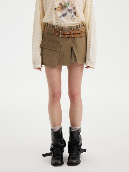DIDDI MODA Olive Green Khaki Washed Patchwork Cargo A Line Two Piece Women&