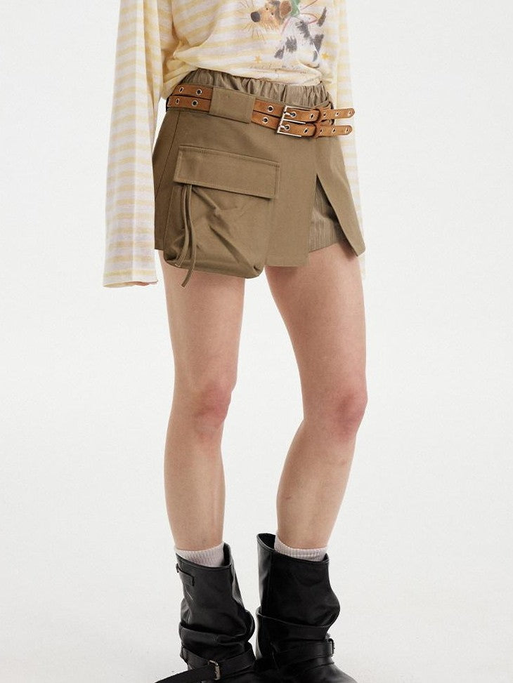 DIDDI MODA Olive Green Khaki Washed Patchwork Cargo A Line Two Piece Women&