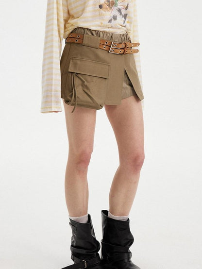 DIDDI MODA Olive Green Khaki Washed Patchwork Cargo A Line Two Piece Women&