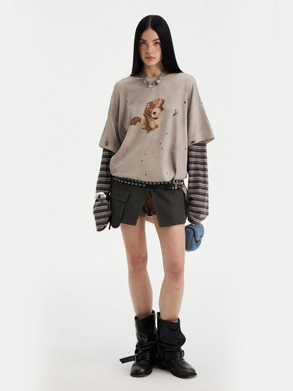 DIDDI MODA Olive Green Khaki Washed Patchwork Cargo A Line Two Piece Women&