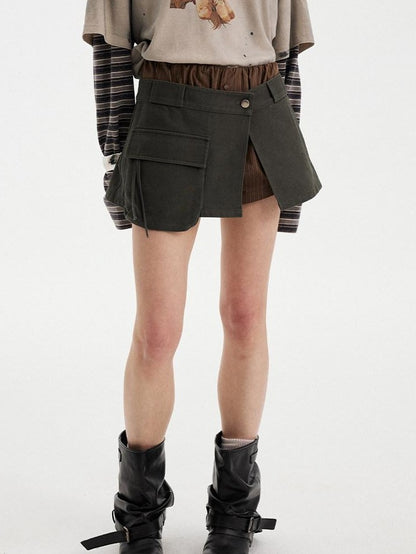 DIDDI MODA Olive Green Khaki Washed Patchwork Cargo A Line Two Piece Women&