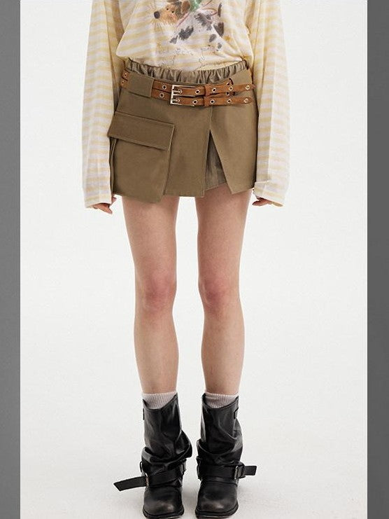 DIDDI MODA Olive Green Khaki Washed Patchwork Cargo A Line Two Piece Women&