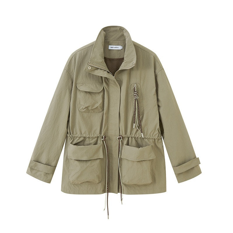DIDDI_MODA_Olive_Stand_Collar_Drawstring_Large_Pocket_Twisted_Women&