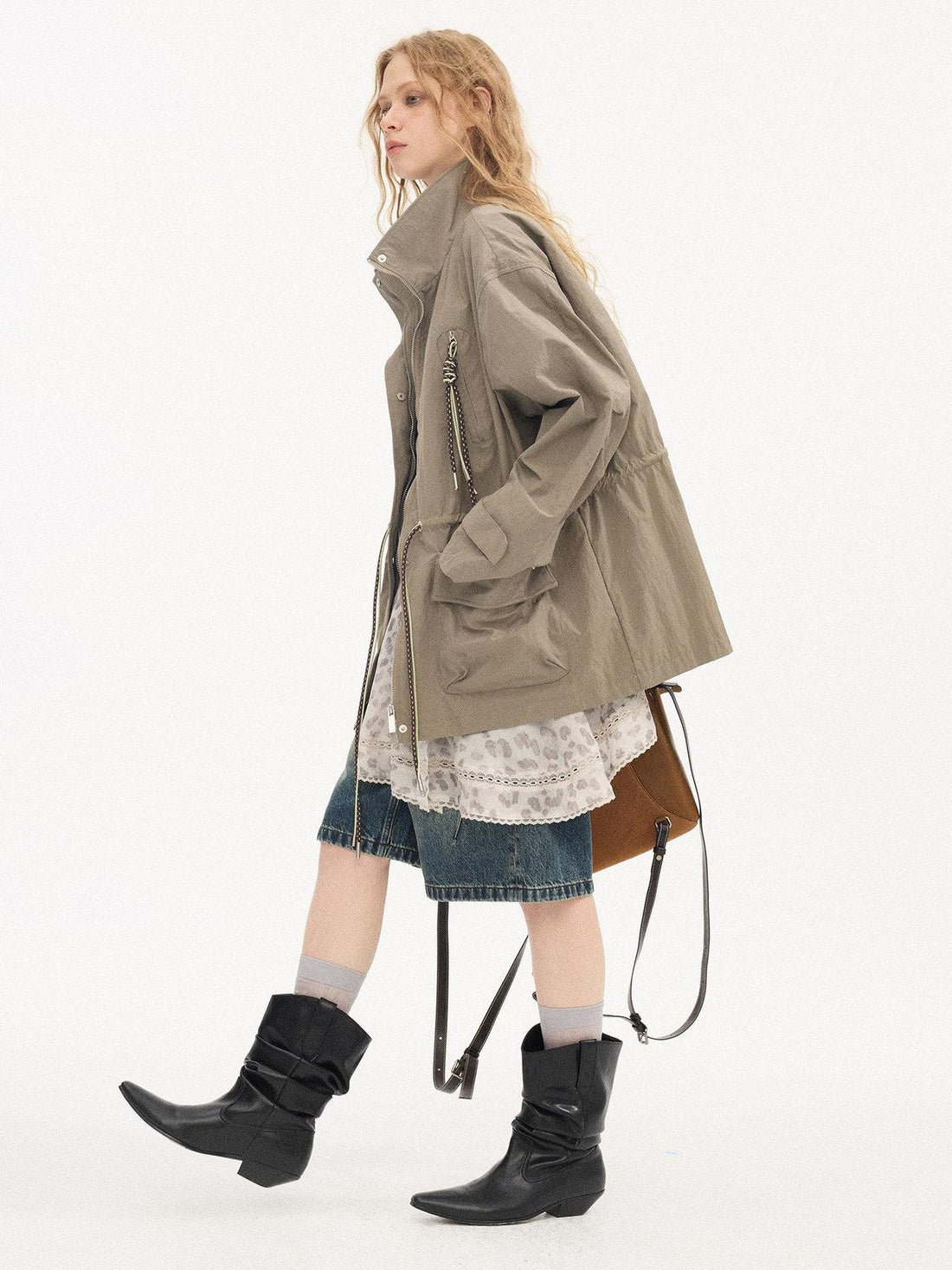 DIDDI MODA Olive Stand Collar Drawstring Large Pocket Twisted Women&