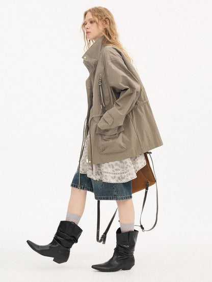 DIDDI MODA Olive Stand Collar Drawstring Large Pocket Twisted Women&