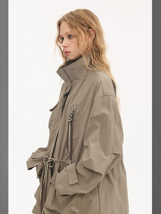 DIDDI MODA Olive Stand Collar Drawstring Large Pocket Twisted Women&