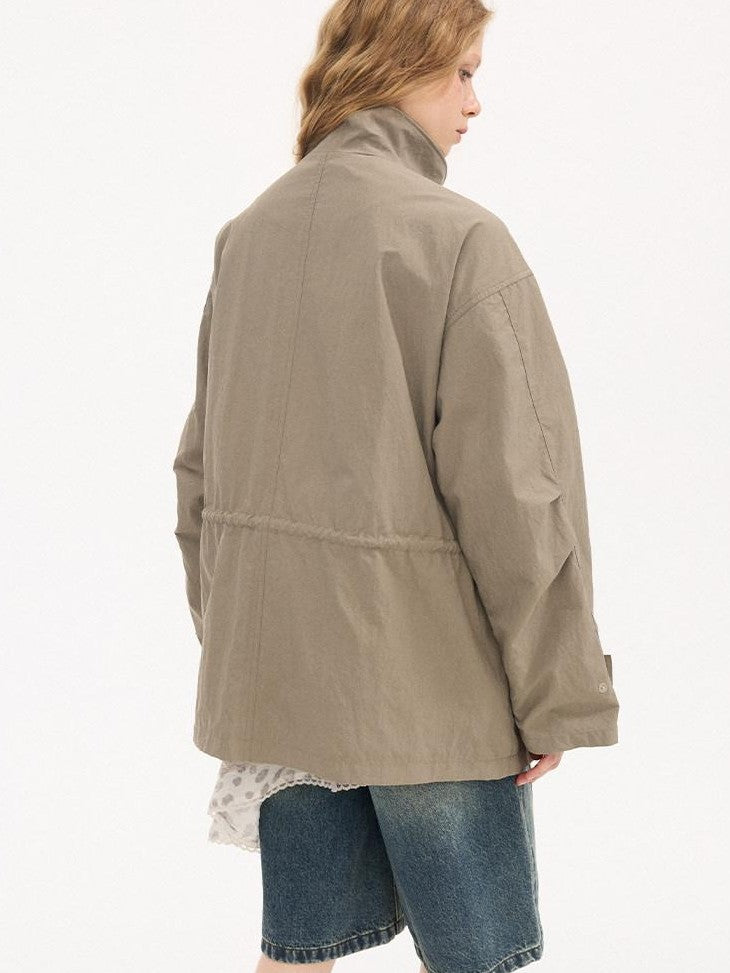 DIDDI MODA Olive Stand Collar Drawstring Large Pocket Twisted Women&