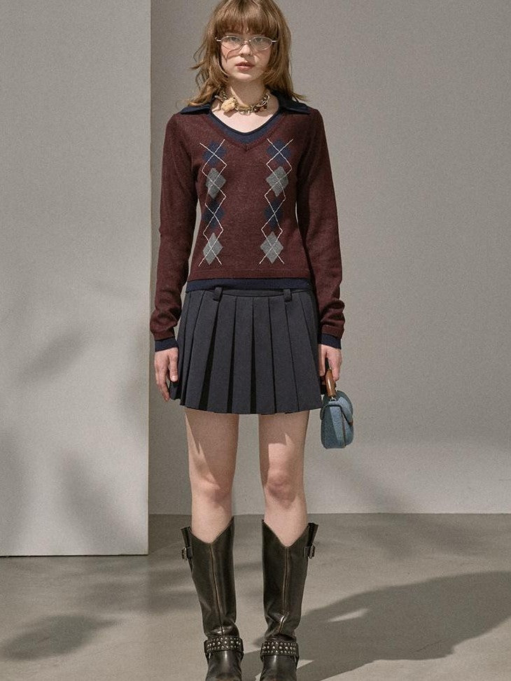 DIDDI MODA Ombre Cardigan Faux Two Piece Pleated Skirt Women&