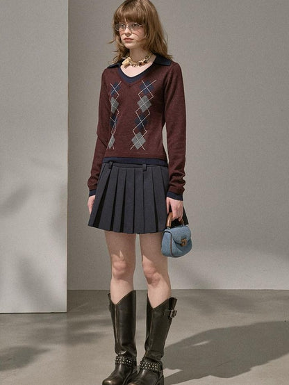 DIDDI MODA Ombre Cardigan Faux Two Piece Pleated Skirt Women&