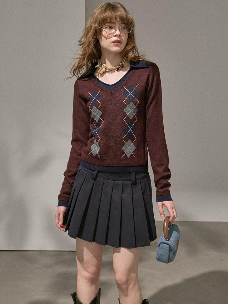 DIDDI MODA Ombre Cardigan Faux Two Piece Pleated Skirt Women&