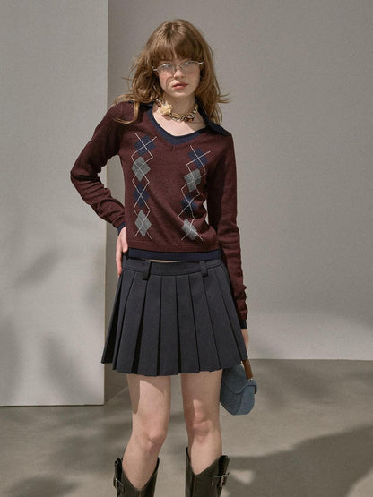 DIDDI MODA Ombre Cardigan Faux Two Piece Pleated Skirt Women&