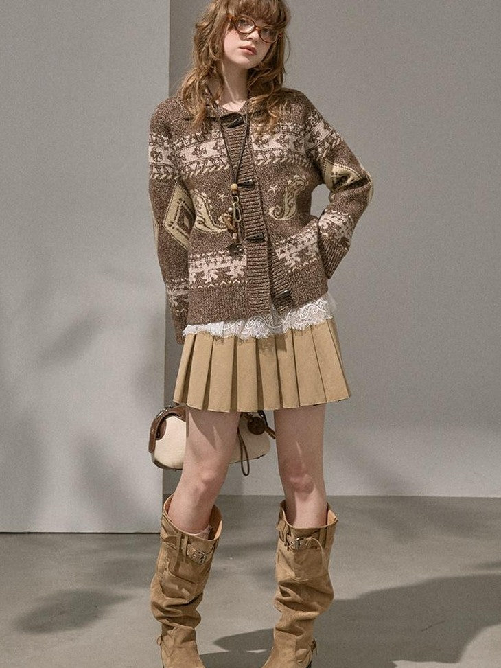 DIDDI MODA Ombre Cardigan Faux Two Piece Pleated Skirt Women&