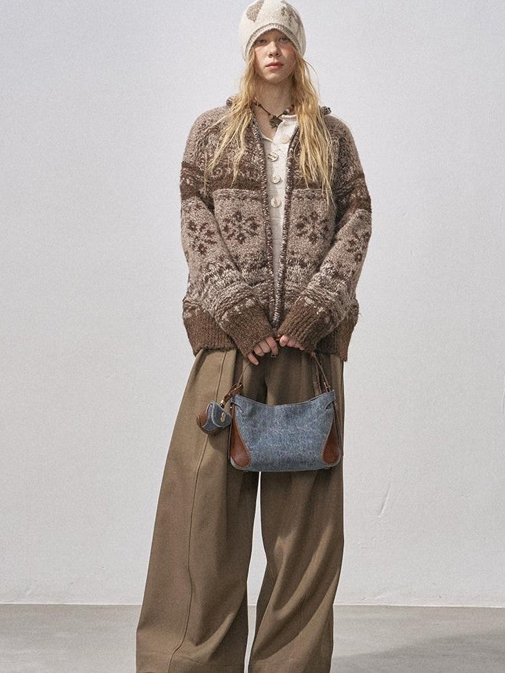 DIDDI MODA Ombre Fair Isle Floral Dyed Oversized Zip Crewneck Women&