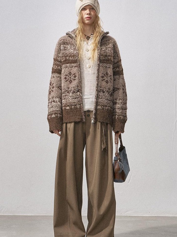 DIDDI MODA Ombre Fair Isle Floral Dyed Oversized Zip Crewneck Women&