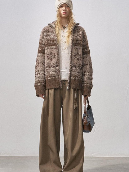 DIDDI MODA Ombre Fair Isle Floral Dyed Oversized Zip Crewneck Women&